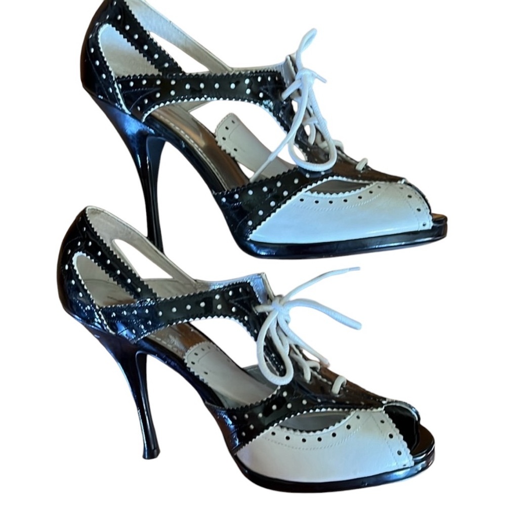 Linea Paolo Black & White Mary Jane Retro style lace up open toe heels Size 8M - Picture 4 of 16